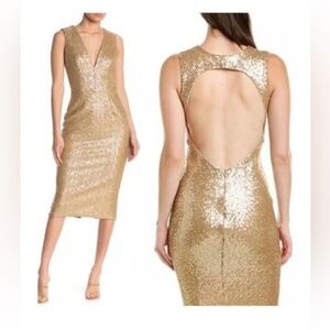 DRESS THE POPULATION AYLIN CUT OUT BACK GOLD SEQUIN MIDI DRESS- SIZE MED NWT